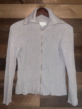 LOFT Light Gray Ribbed Zip-Up Cardigan Sweater